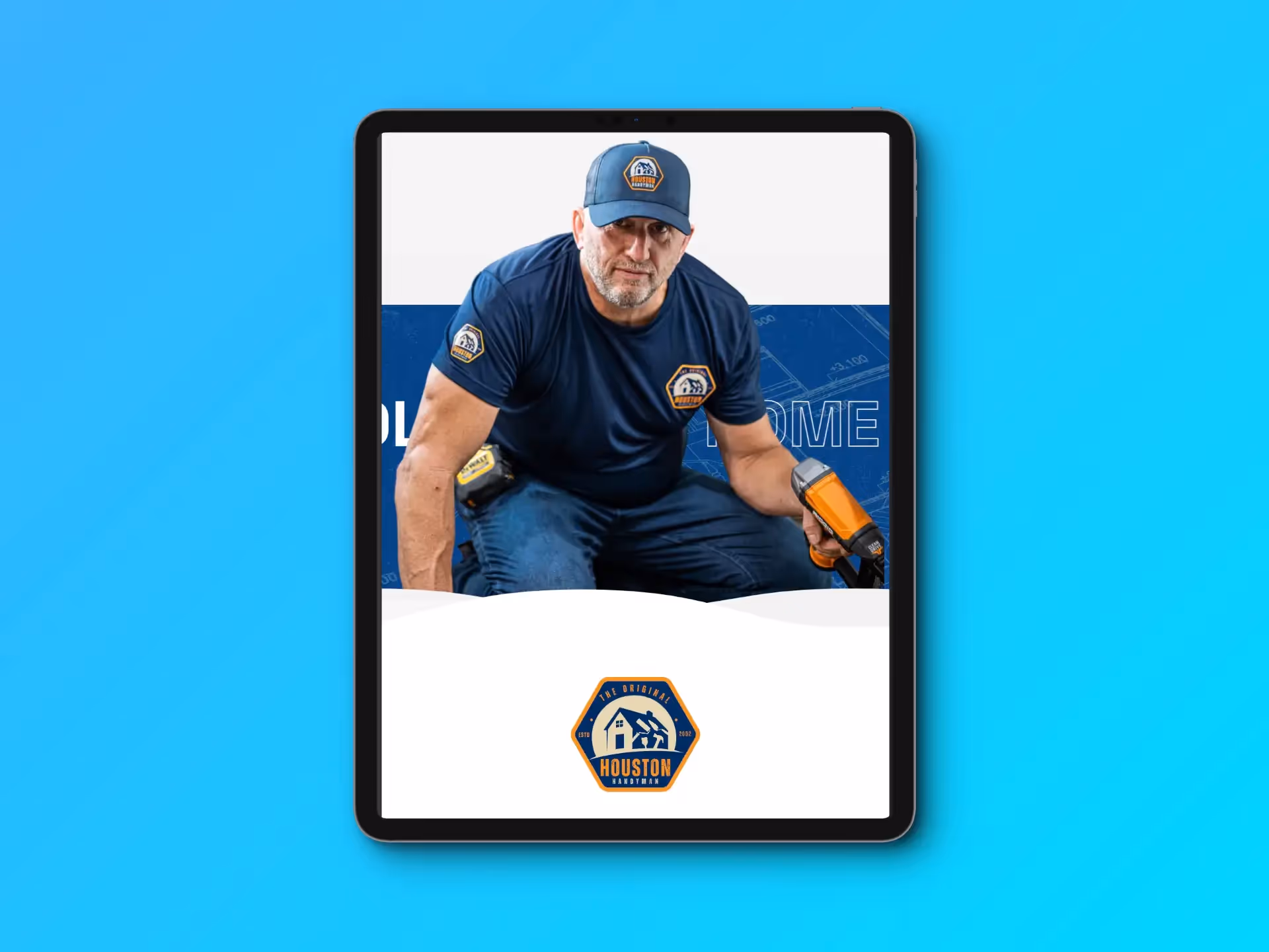 A sleek mockup of the Houston Handyman website displayed on a tablet, set against a sky blue background. This visualization, created by Nimbus Media, highlights the website's modern and accessible design.