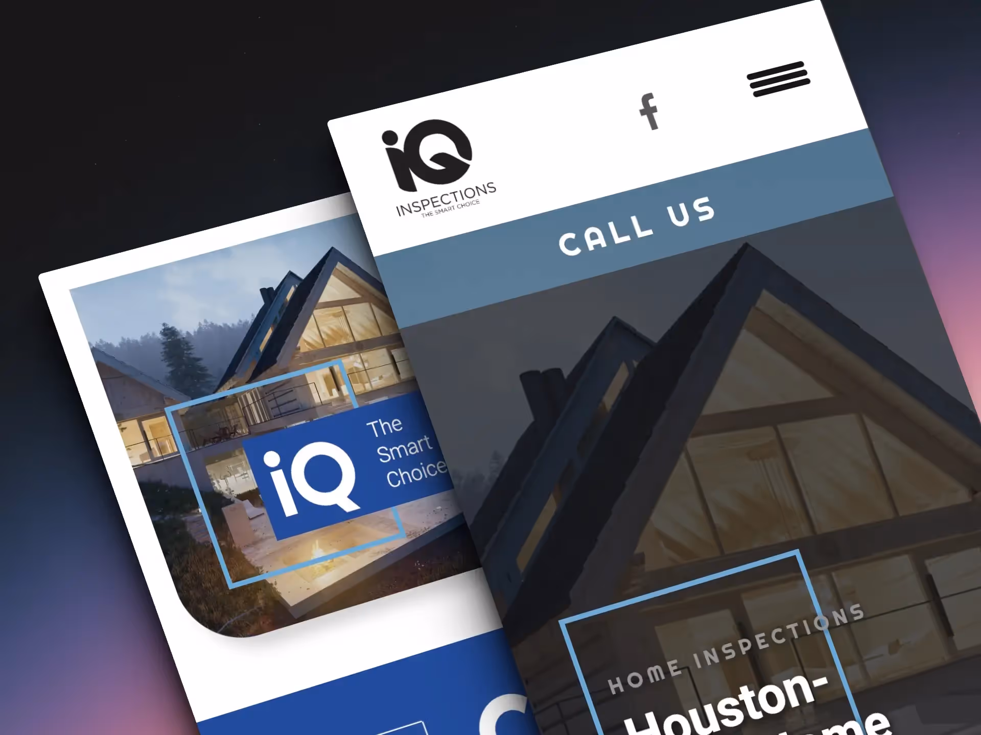 A visually striking mockup of the IQ Inspections website presented as two screenshots, designed by Nimbus Media. The mockup features a sophisticated interface, showcasing the website’s layout and functionality with clarity and style. In the background, a beautifully blended gradient adds depth and aesthetic appeal, enhancing the overall presentation of the design work by Nimbus Media.