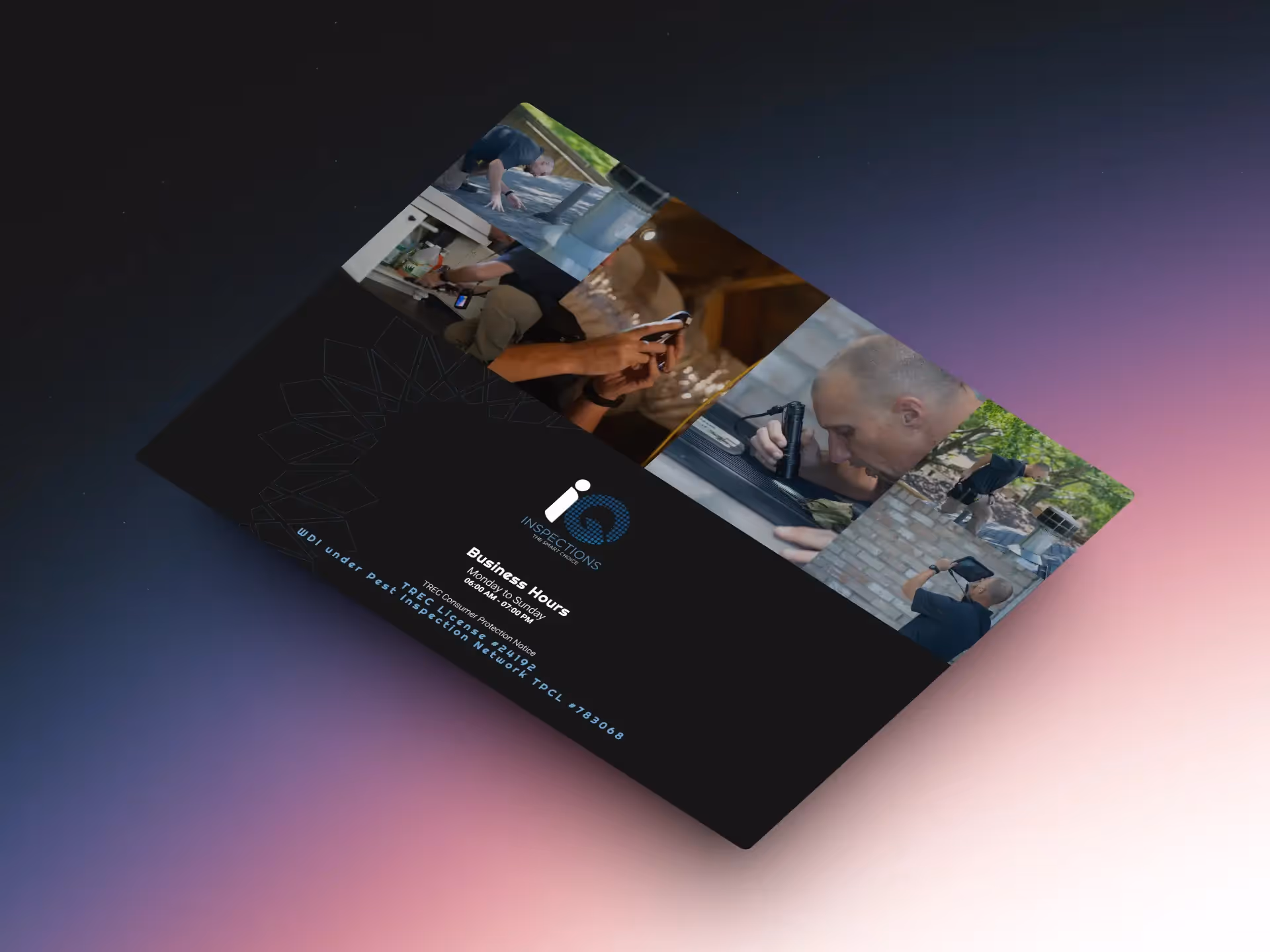 A sleek mockup of the IQ Inspections website footer displayed on a desktop browser, crafted by Nimbus Media. This design highlights the detailed and functional footer layout against a gradient background, emphasizing Nimbus Media's attention to aesthetic and usability.