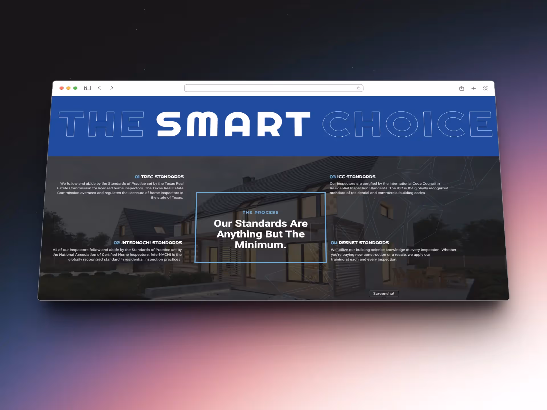 A visually striking mockup of the IQ Inspections website presented as two screenshots, designed by Nimbus Media. The mockup features a sophisticated interface, showcasing the website’s layout and functionality with clarity and style. In the background, a beautifully blended gradient adds depth and aesthetic appeal, enhancing the overall presentation of the design work by Nimbus Media.