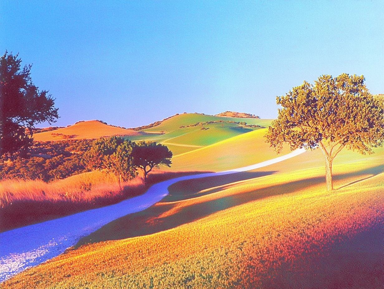 Texas hill country with trees at sunset