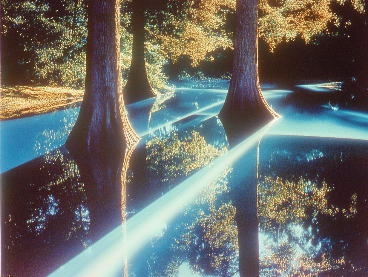 Trees with light cast through the surface of the water