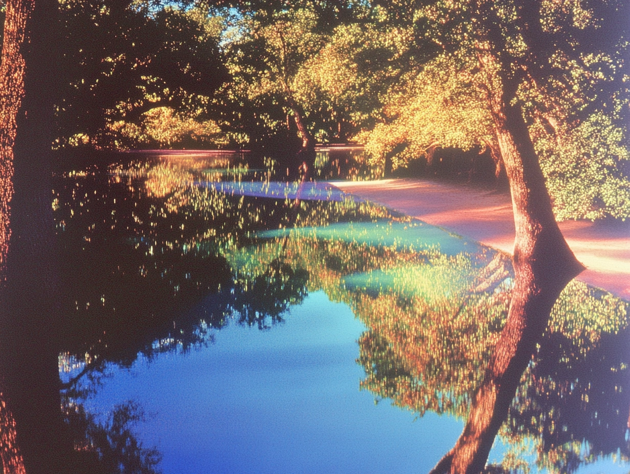bayou along Houston with trees and light reflecting off of the water during a sunset