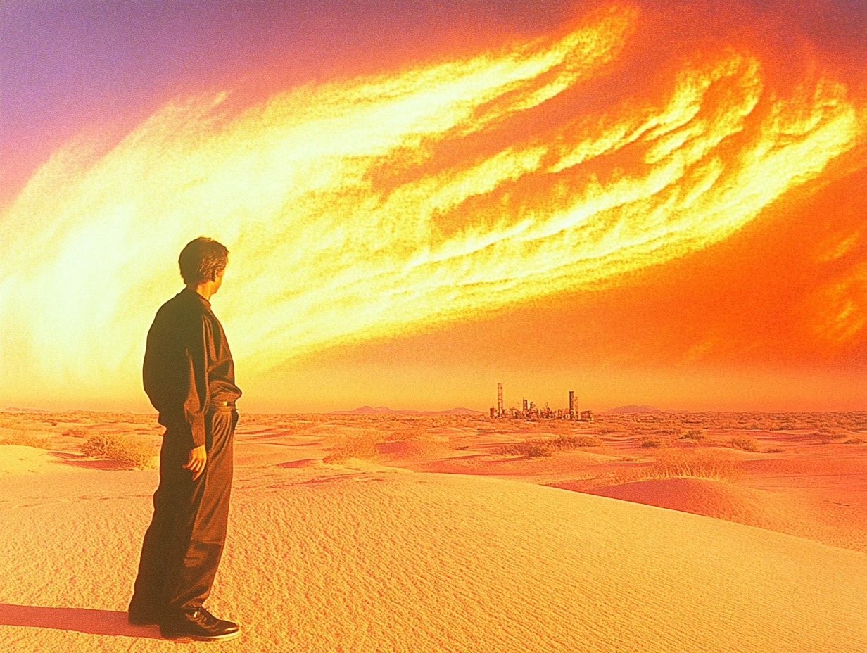 man standing in desert looking towards a city in the background