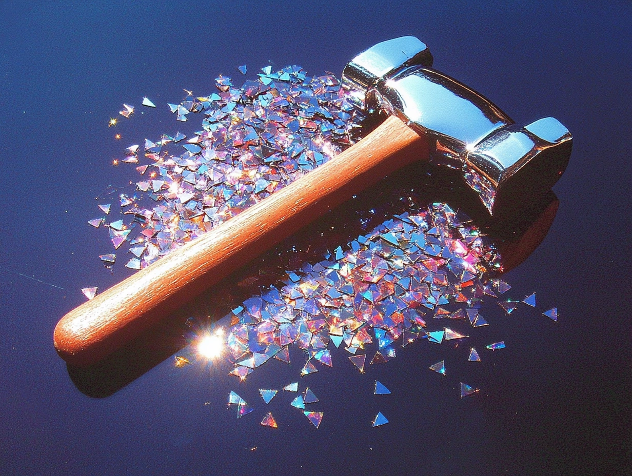hammer with crushed iridescent glass underneath it
