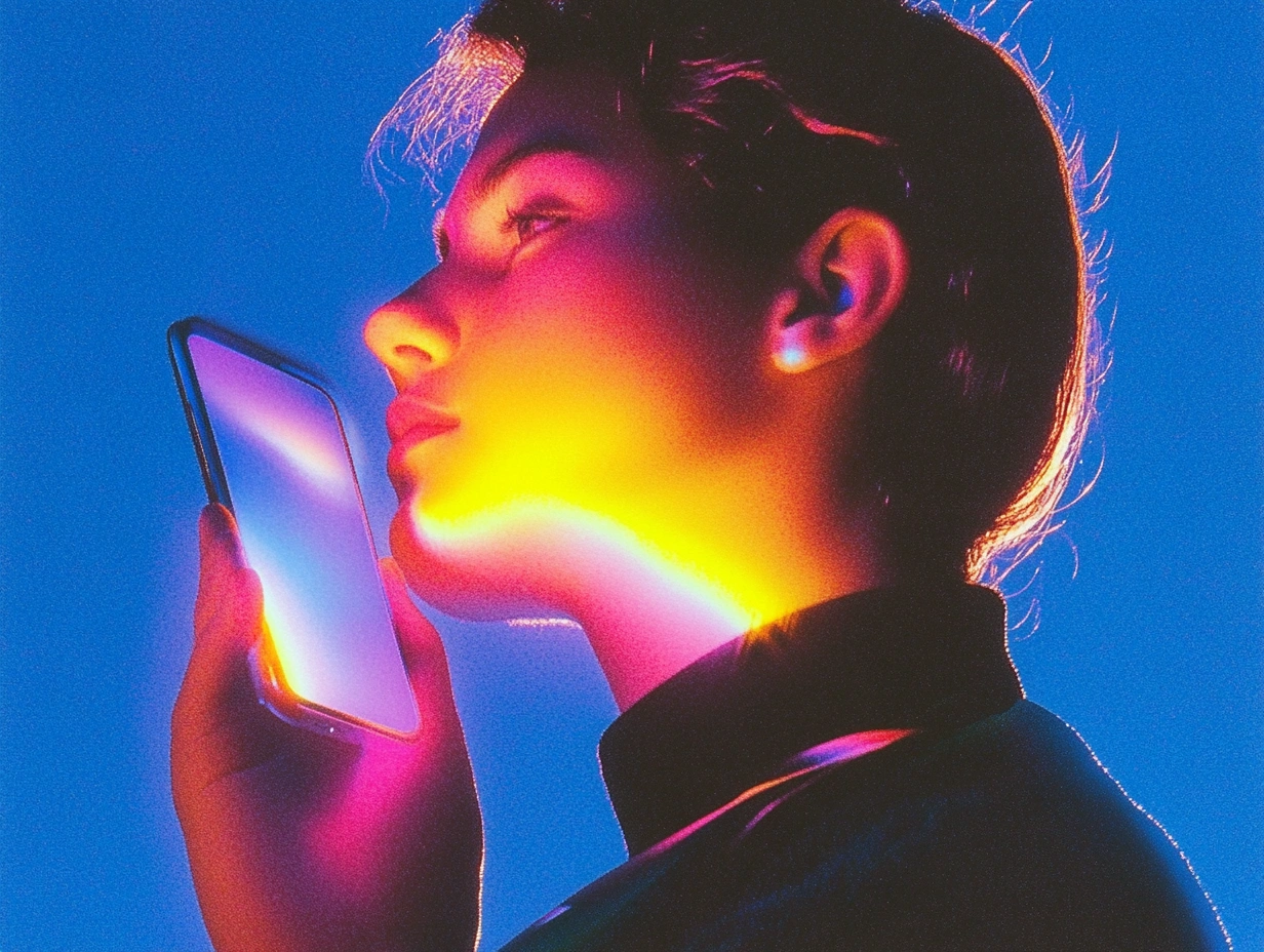 a woman speaking on a cell phone with light emanating onto her face