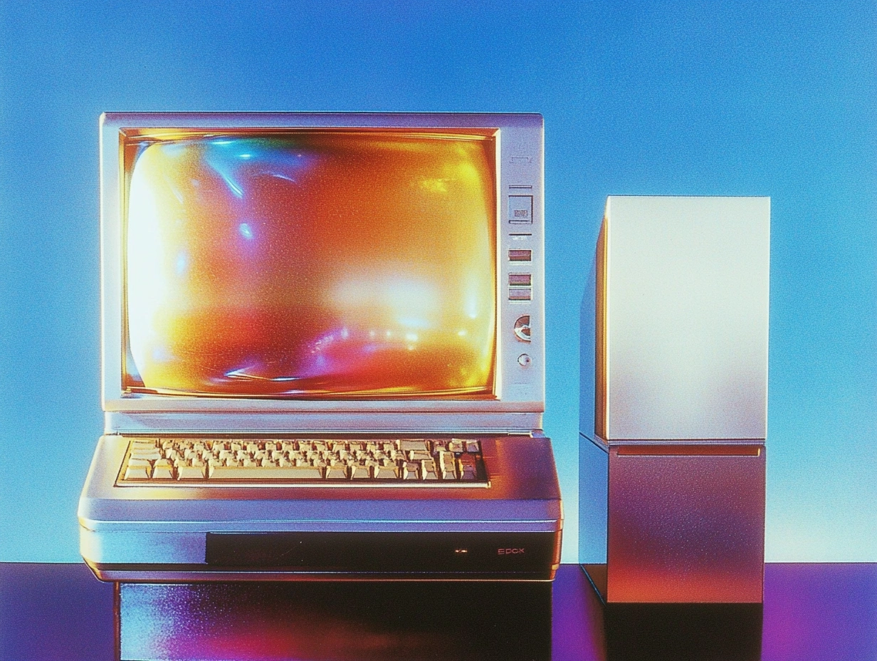 a vintage computer with iridescent colors showing on the screen