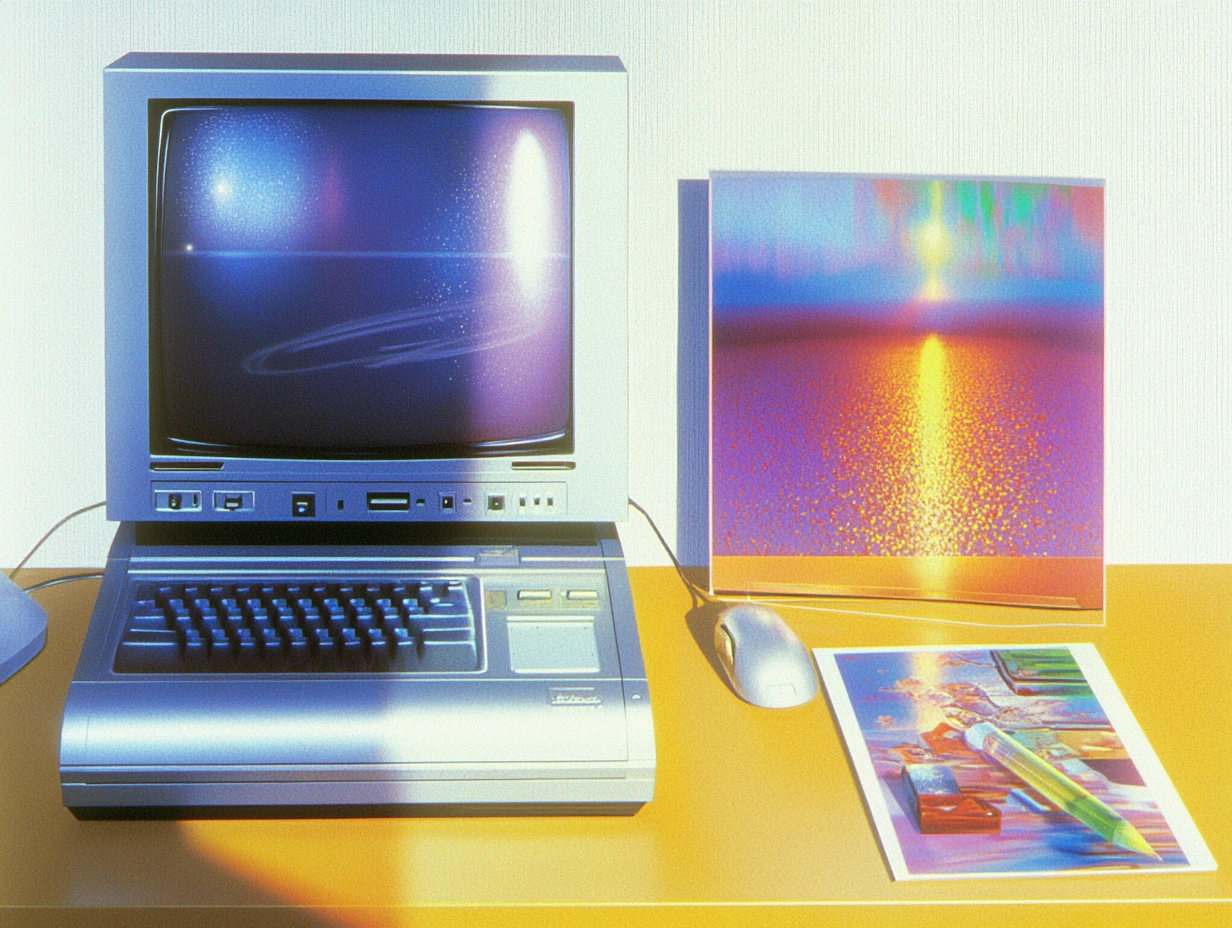 a vintage desktop computer on a desk with a poster on the right side