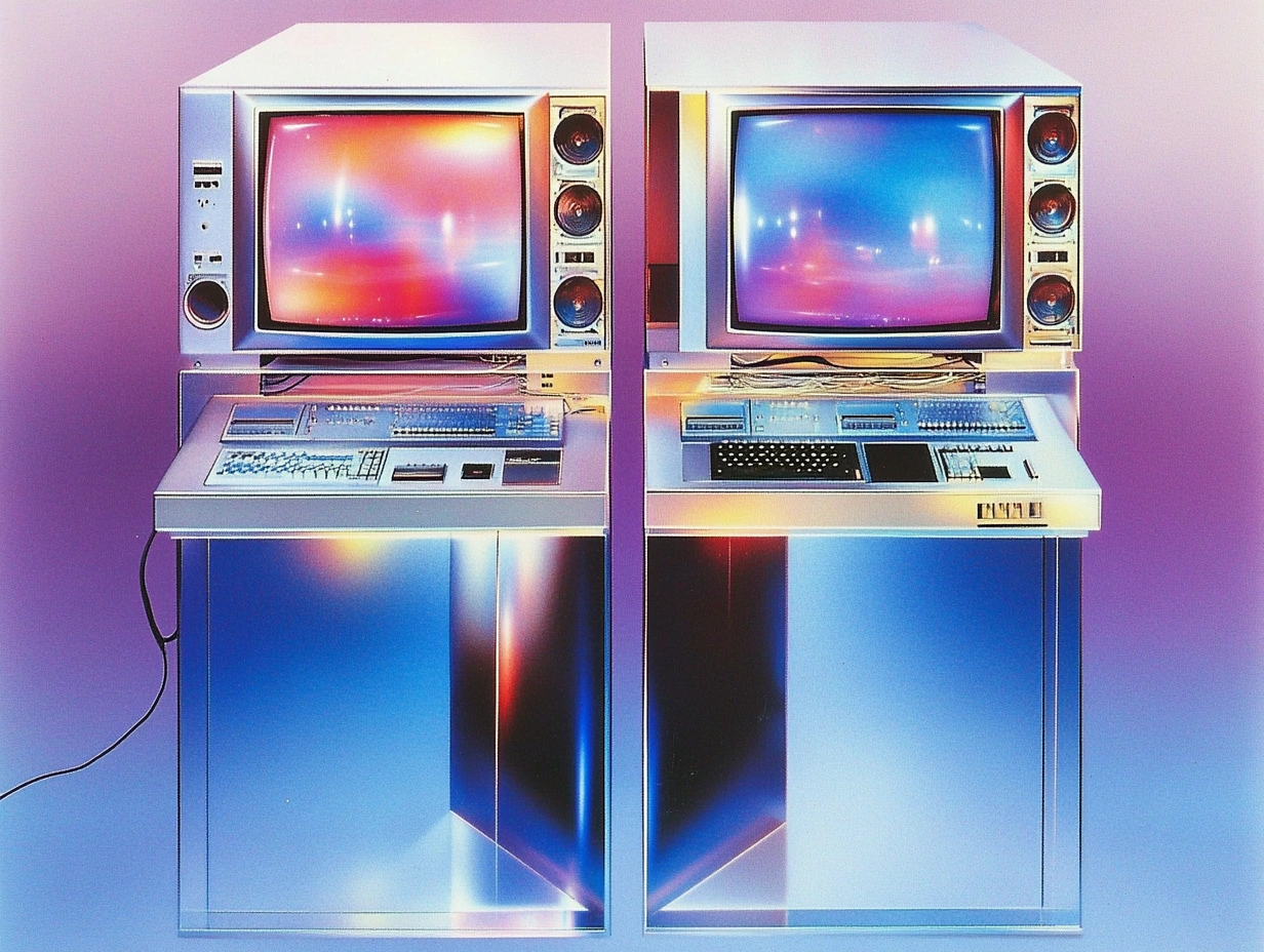 two vintage computers on chrome tables