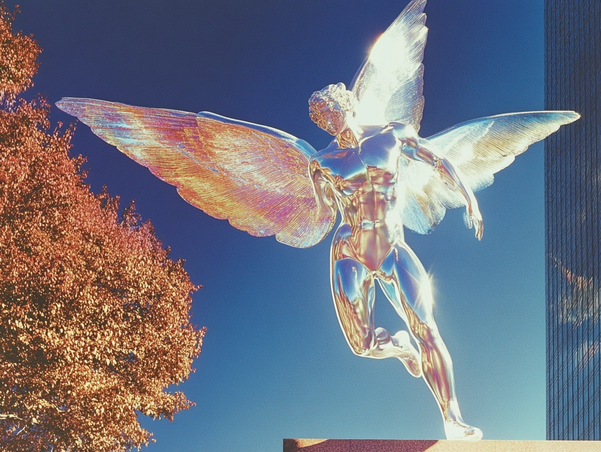 Metallic winged figure ascending between buildings symbolizing AI transcending limitations - Nimbus Media article on Model Context Protocol breakthrough