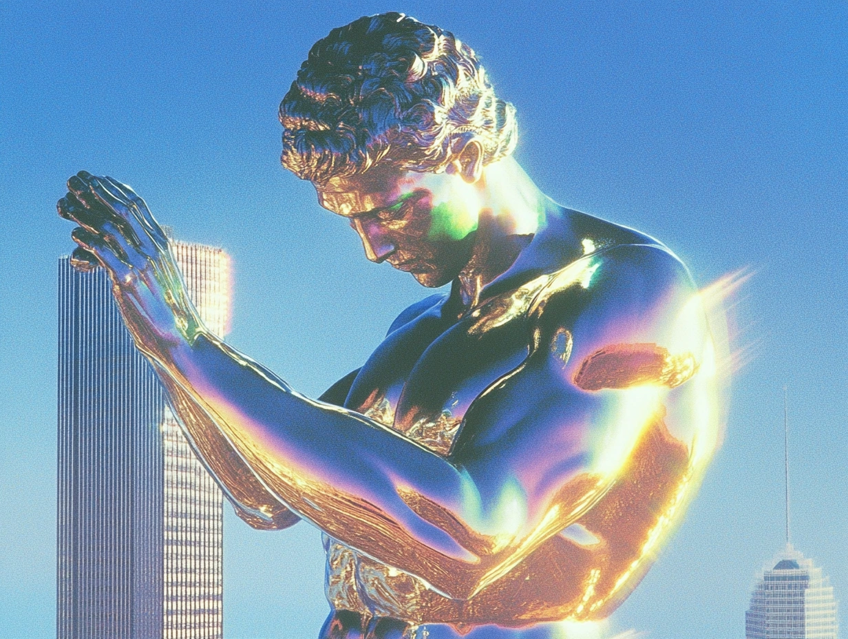 Reflective chrome statue in contemplative pose examining digital landscape - Nimbus Media exploration of Claude and Webflow collaboration
