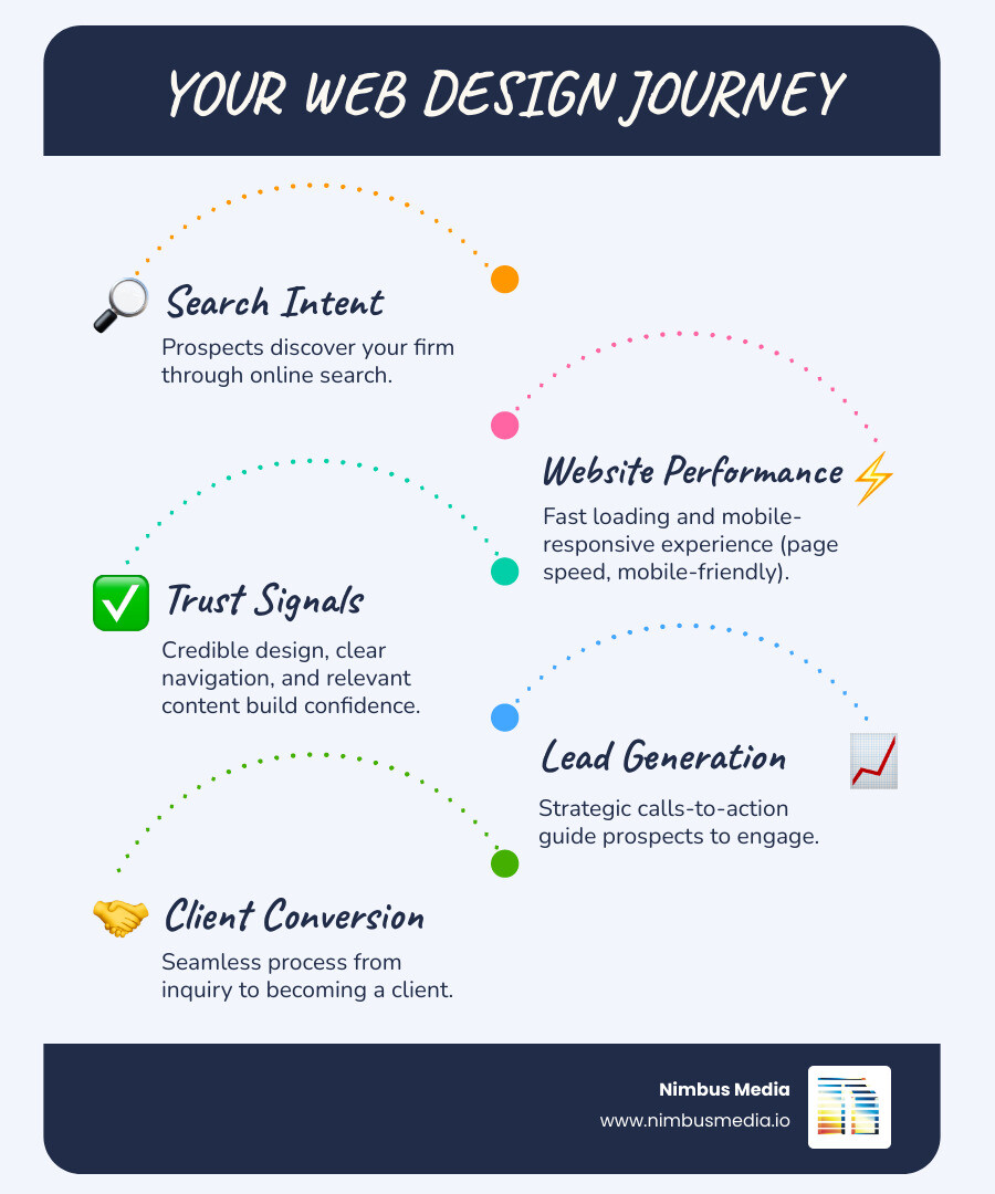 Infographic showing the web design journey: Search Intent → Website Performance → Trust Signals → Lead Generation → Client Conversion, with key decision points at each stage including mobile responsiveness, page speed, clear navigation, and strategic calls-to-action - web design infographic infographic-line-5-steps-blues-accent_colors