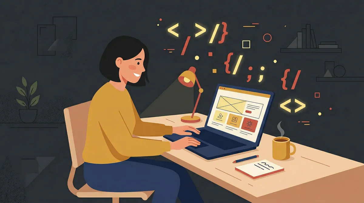 Business owner learning web development basics at laptop with code symbols floating in background