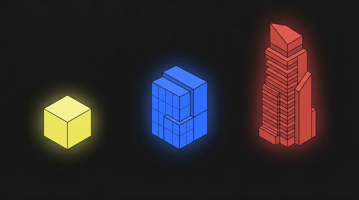 Three tiers of web development investment from DIY to freelancer to agency shown as geometric structures