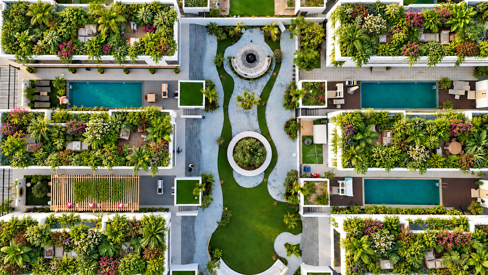 Green aerial view of the Nas House compound showing six private villas, pools, landscaped gardens and shared gathering spaces