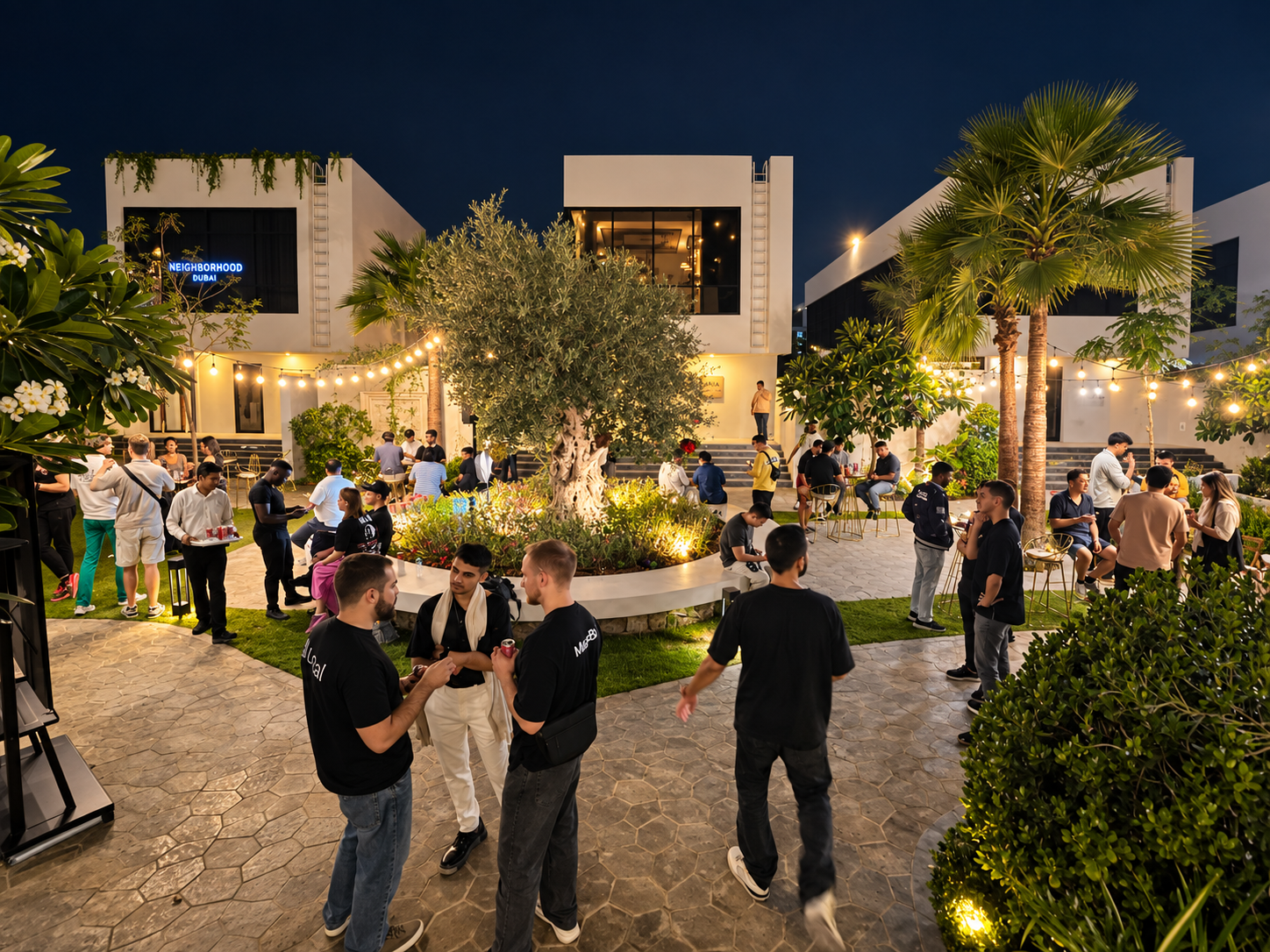 Guests gathering in the Nas House garden at night under string lights.