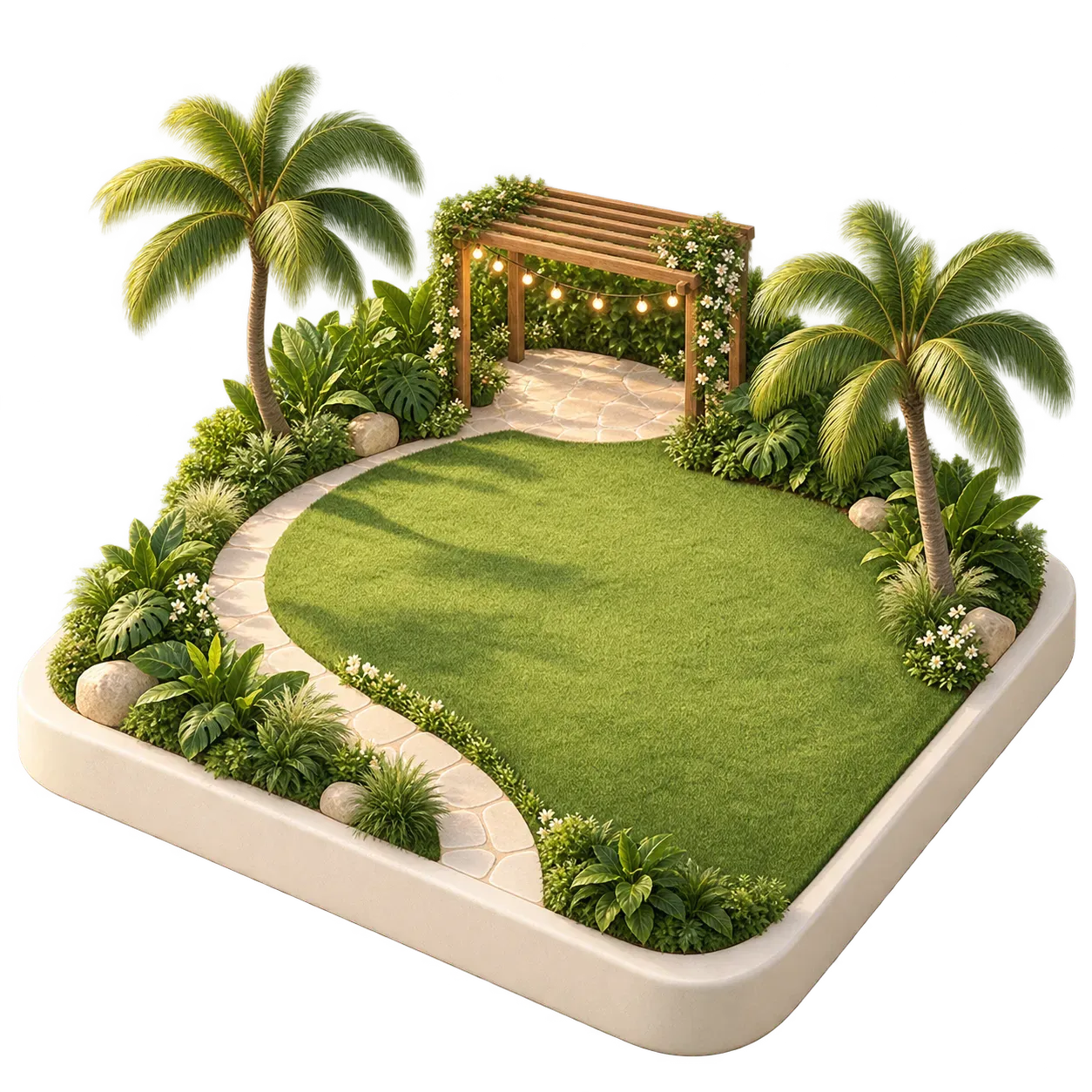 Illustration of the Nas House garden with lawn, palms and pergola