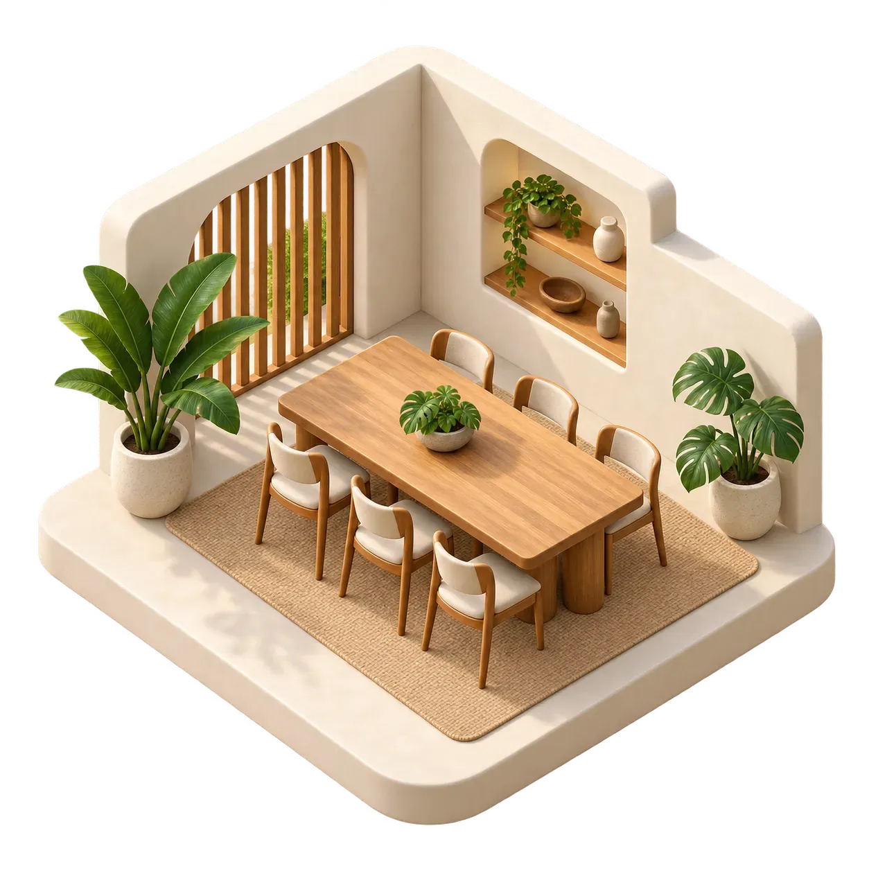 Illustration of the Nas House community space with a long dining table