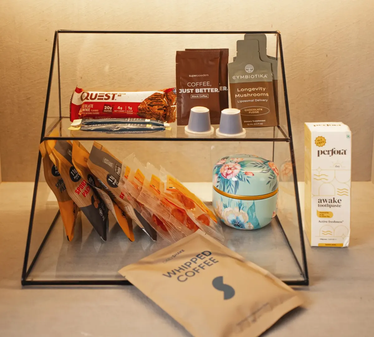 Natural energy supplements and toothpaste on a shelf