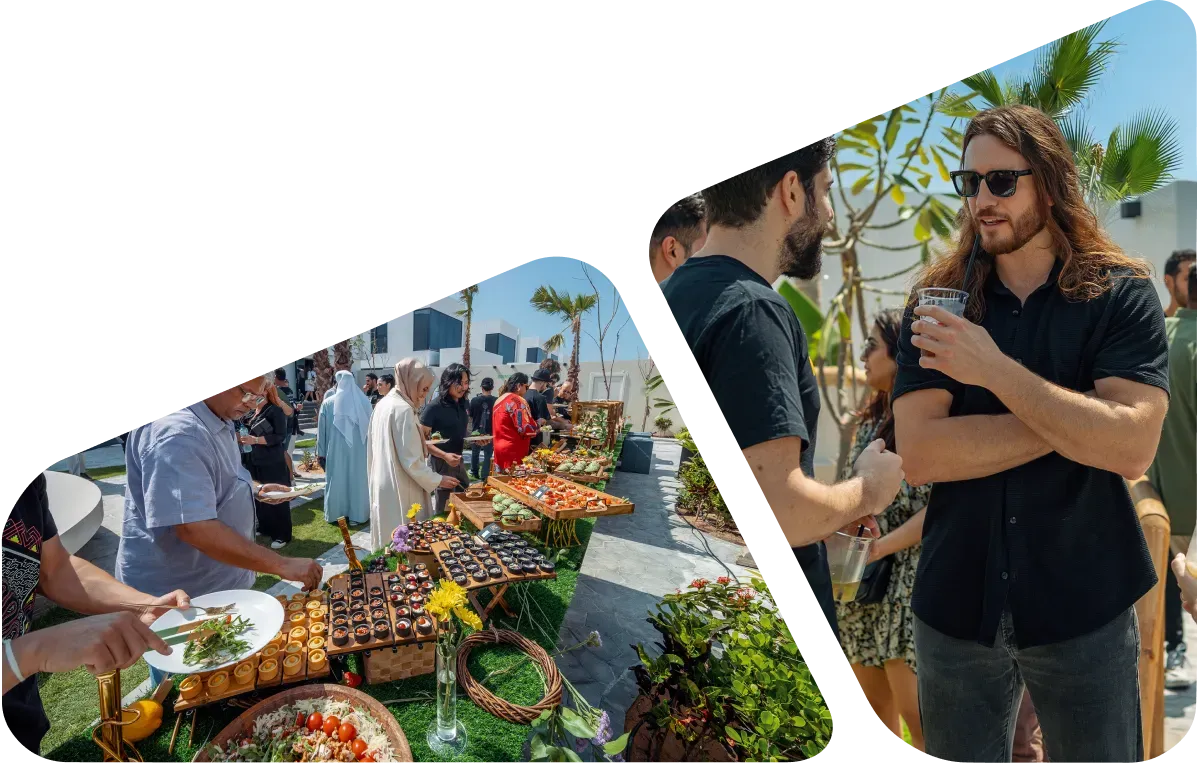 Guests sharing food at a Nas House gathering