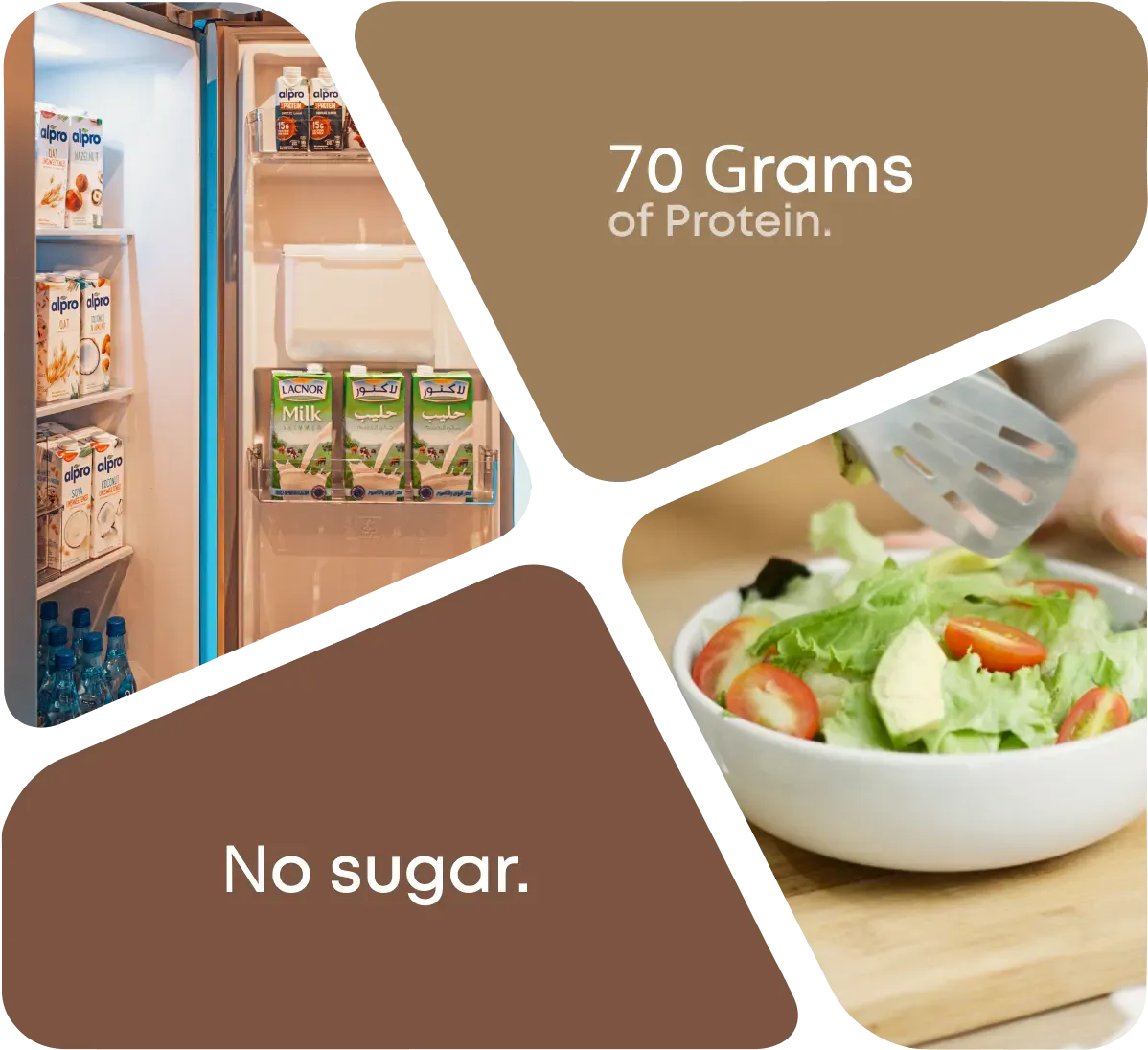 A stocked fridge and a fresh salad, 70 grams of protein and no sugar