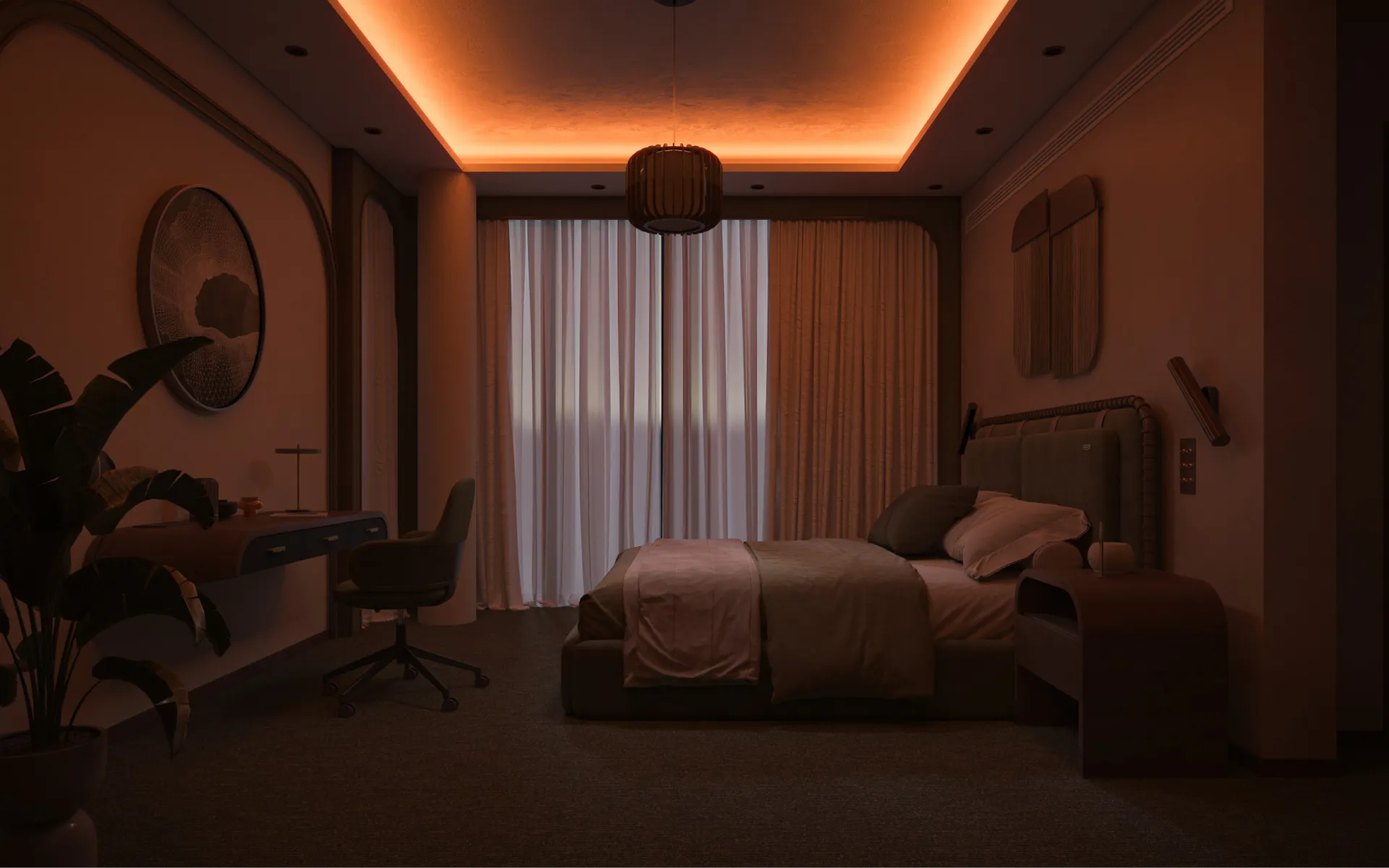 A dim, calm Nas House bedroom with warm light and drawn curtains