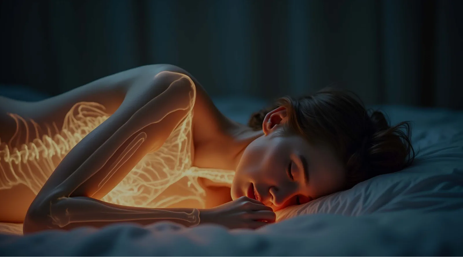 A woman sleeping deeply on a soft bed