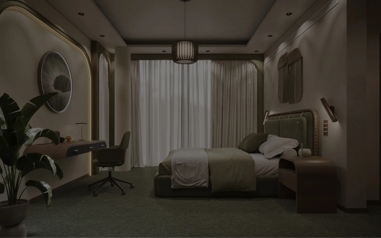 A dark, calm bedroom with blackout curtains