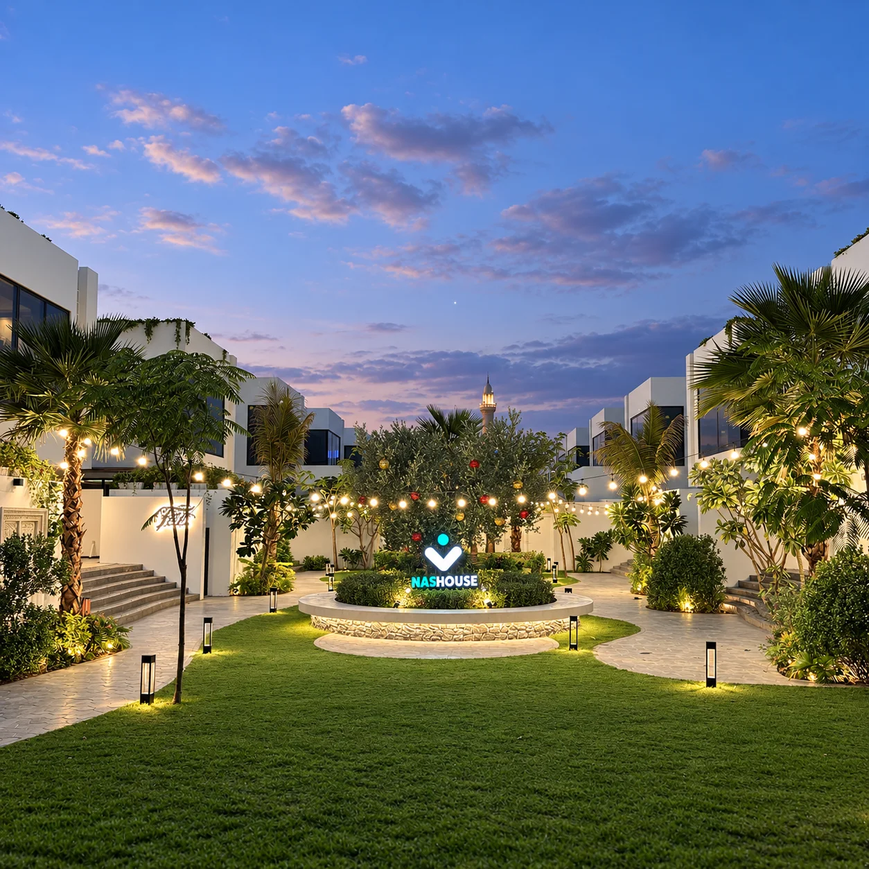 The Nas House garden lawn lit with string lights between the white villas at dusk