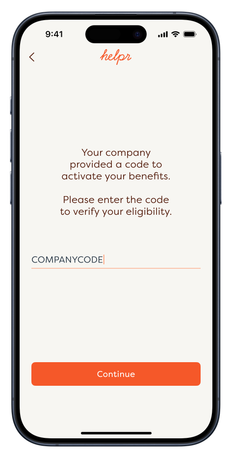 Helpr app screen to enter one's company code