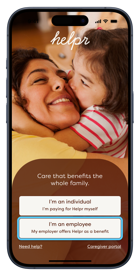 Helpr app launch screen with "I'm an employee" button highlighted
