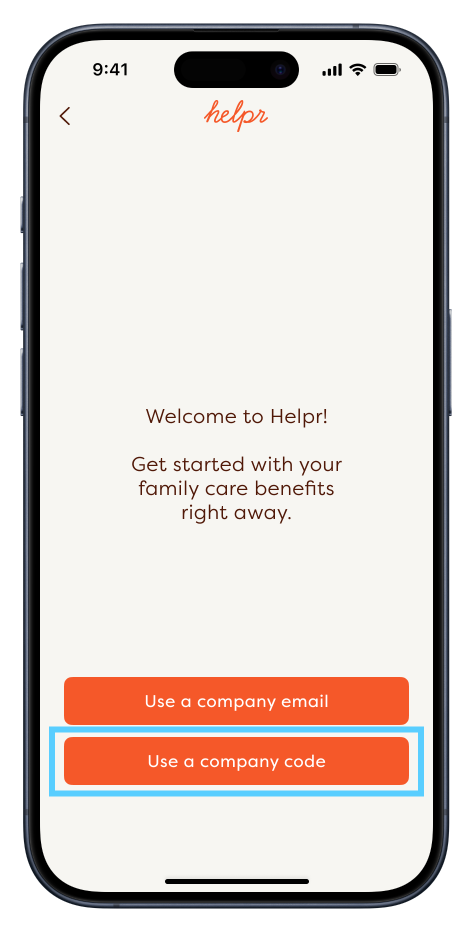 Helpr app screen with "Use a company code" button highlighted
