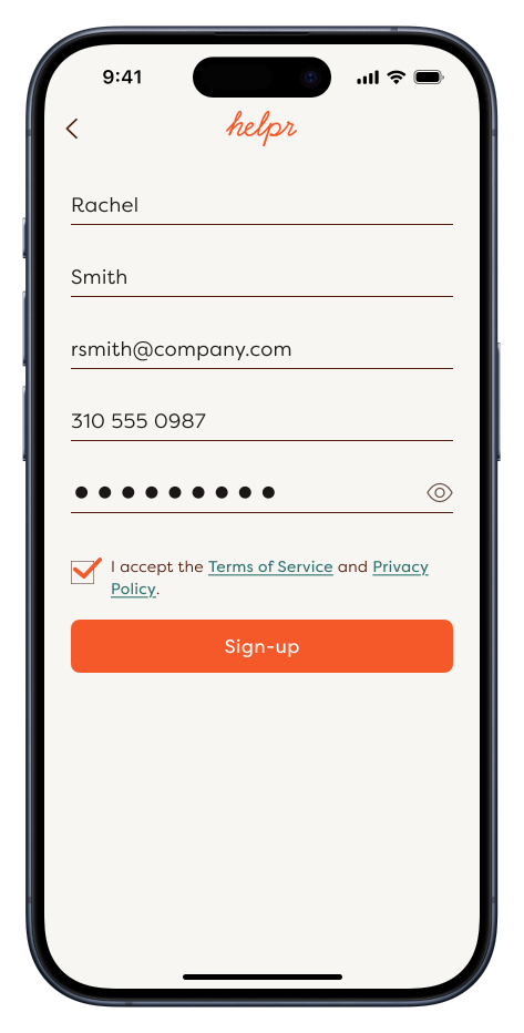 Helpr app signup screen