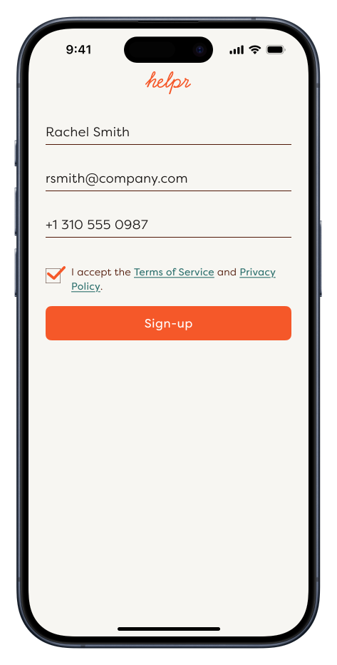 Helpr app signup screen for Okta users