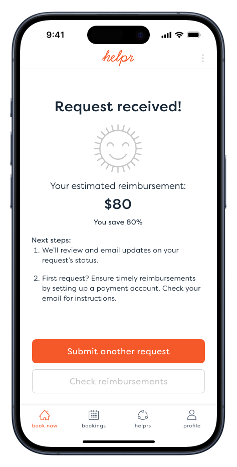 Confirmation app screen where reimbursement request has been received