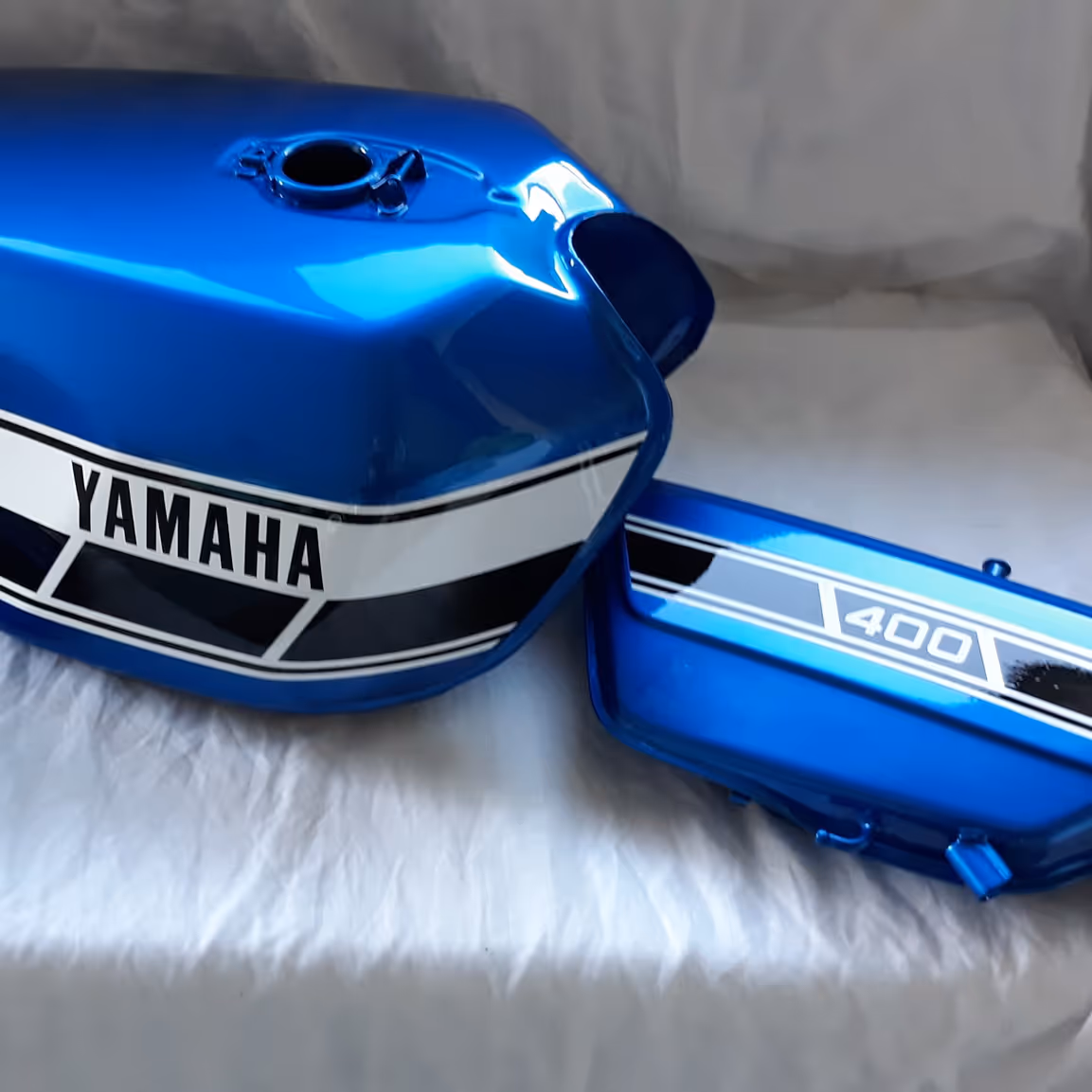 Recentley resprayed petrol tank of a Yamaha motorbike