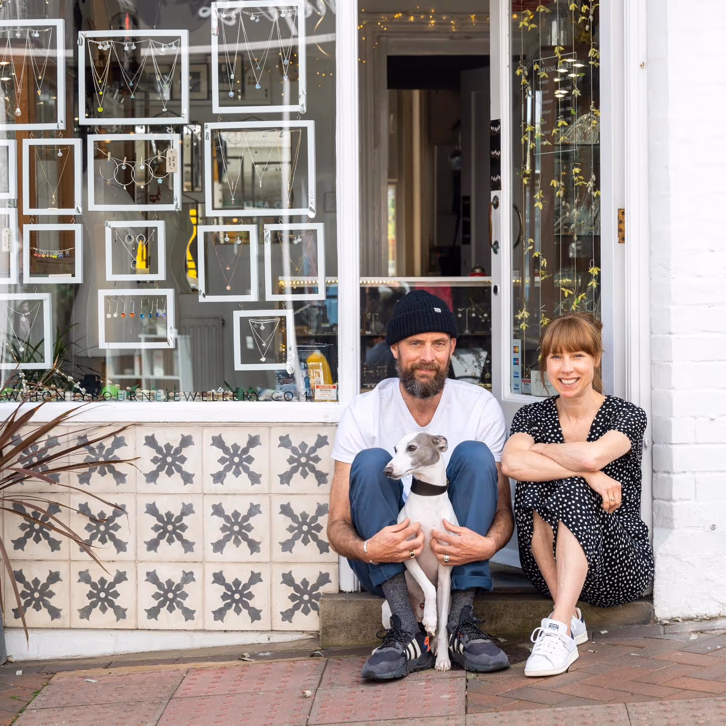 Sophie and Raff outside the Honeybourne Jewellery shop