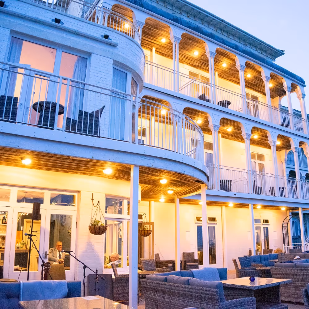 Wellington Hotel exterior with its many Edwardian balconies