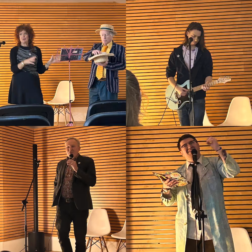 A montage of 4 images of people speaking