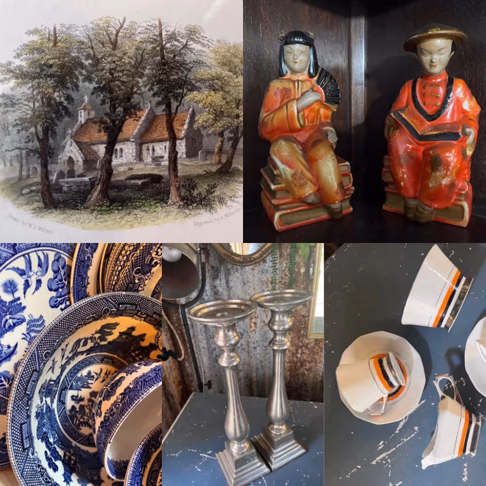 Selection of antique plates, silverware, figurines and prints