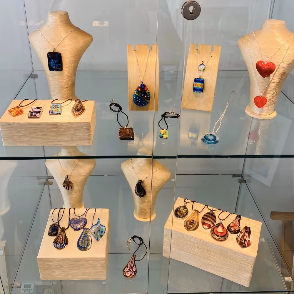 Jewellery in a display cabinet