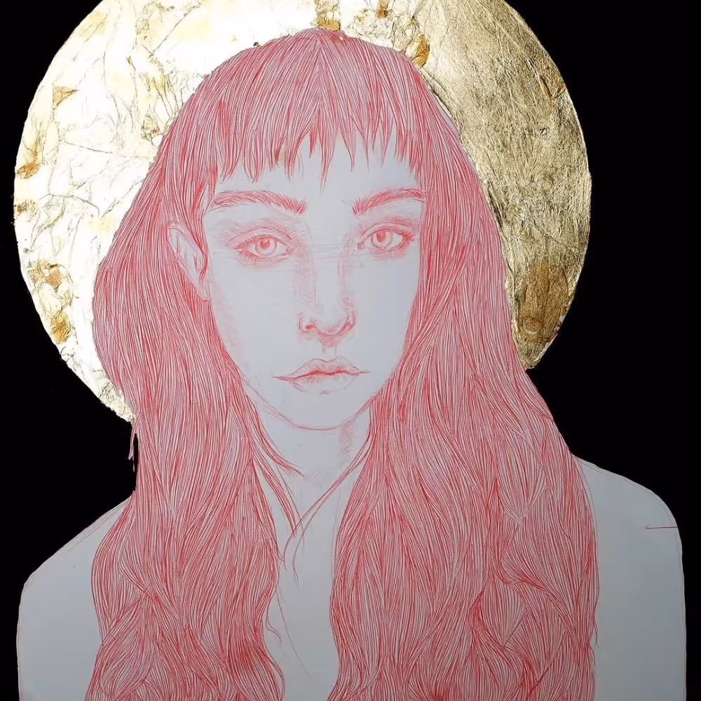 A modern painting of a young lady with a gold halo
