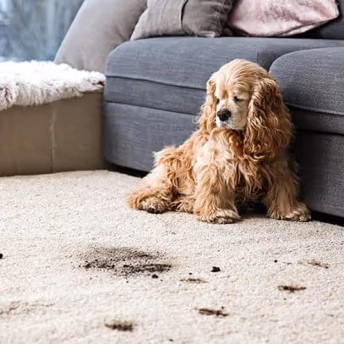 A muddy puppy on a cream carpet