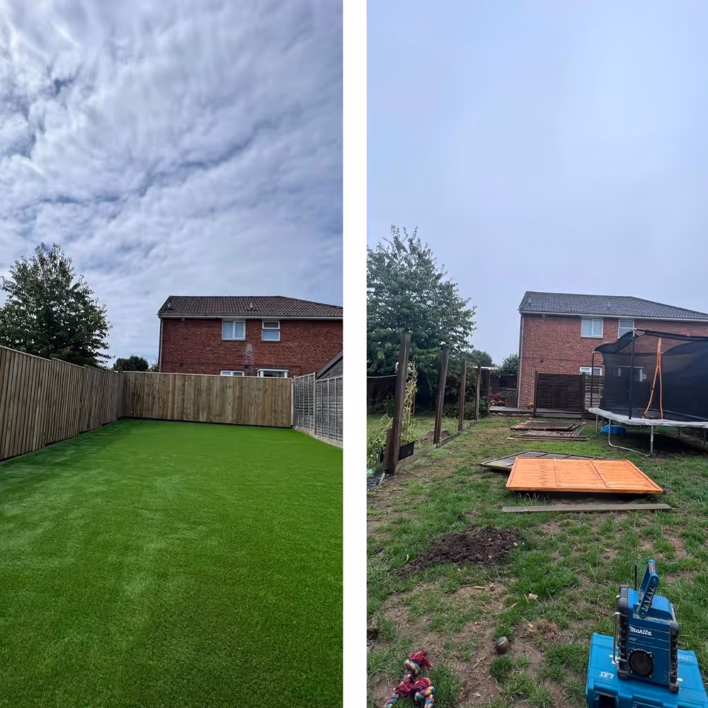 Before and after laying artificial grass in a garden