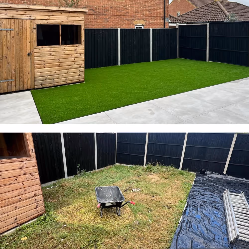 Before and after laying artificial grass in a garden