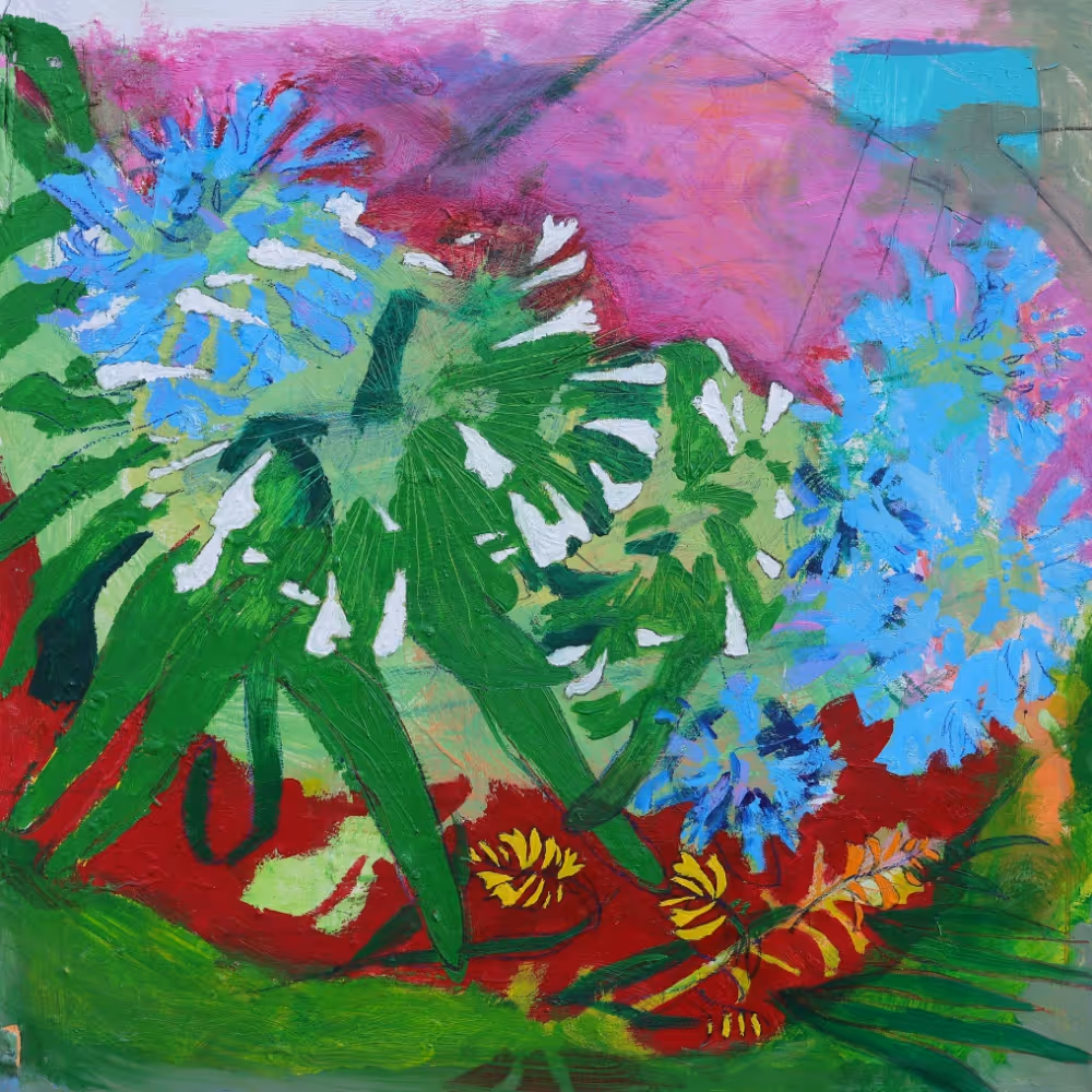 A brightly coloured abstract botanical painting