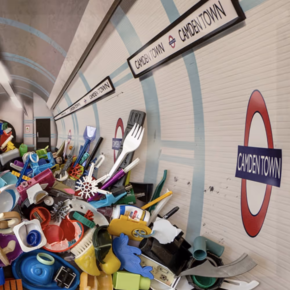 An underground tube station, with a massive pile of plastic toys on the tracks