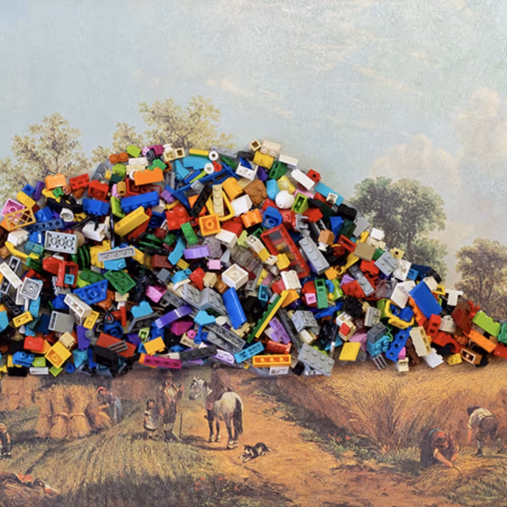 An oil painting of workers in fields, with a massive pile of lego bricks in the background