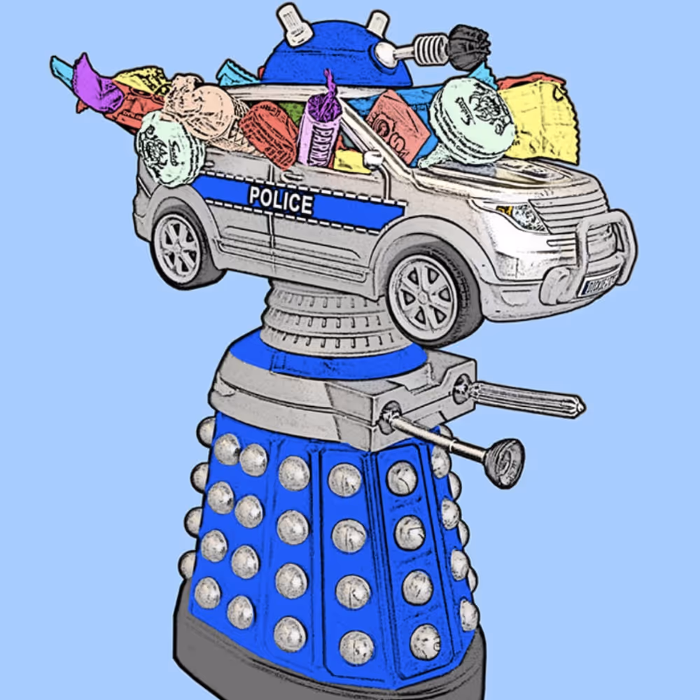 A painting of a police car full of toys, sitting upon a Dr Who darlek