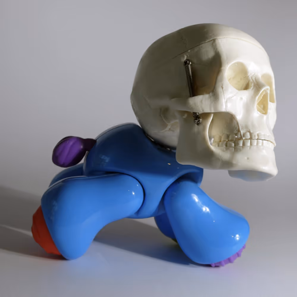A sculpture made from a plastic toy and a scull